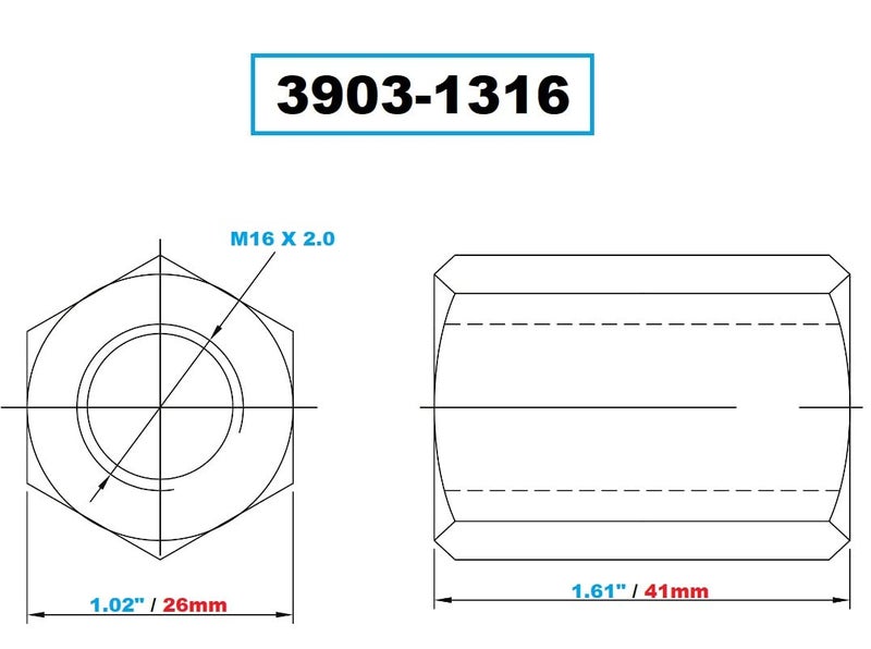 VERTEX 3903-1316 M16 X 2 41mm Long Coupling Nut - Image 3